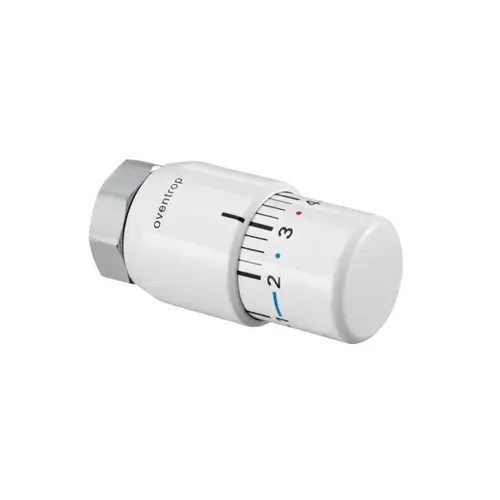 Thermostat von Oventrop in Weiß mit drehbarem Einstellknopf und Skala für Temperaturregelung. Fluide Fühlertechnologie für präzise Steuerung.